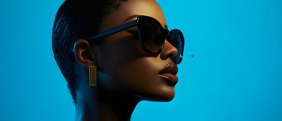 Stylish Woman Wearing Sunglasses and Earrings Against a Blue Background, Stylish Woman Wearing Sunglasses and Earrings Against a Blue Bac