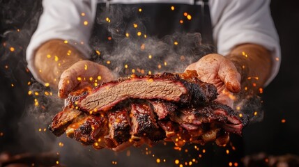 A master chef proudly displays a platter of expertly cooked ribs enveloped in mouthwatering smoke, bringing gourmet barbecue to the forefront of fine dining.