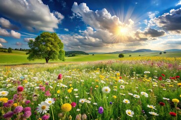 Fototapeta premium Scenic view of spring landscape with flowers and water