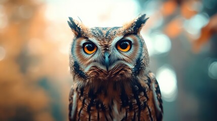 A watchful owl stands amidst an autumn forest, its vibrant feathers blended with the colorful leaves, symbolizing alertness, tranquility, and the beauty of nature.