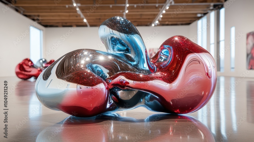 Poster a captivating abstract sculpture with swirling reflective surfaces in metallic red and silver, showc