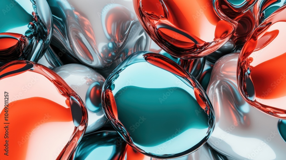 Poster a dynamic collection of digital abstract shapes blending metallic red and blue tones, creating a vis