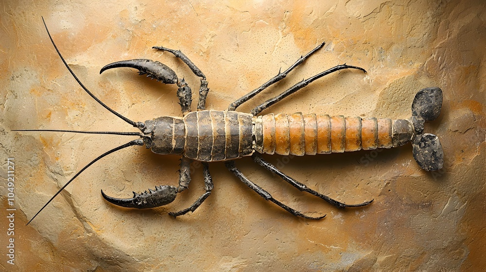 Aufkleber Detailed display of a fossilized Eurypterid an ancient sea scorpion like creature showcased in full body form for paleontological research educational purposes