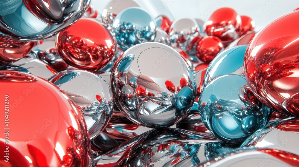 Poster clusters of chrome and red spheres create a stunning abstract pattern with intricate reflections, ca