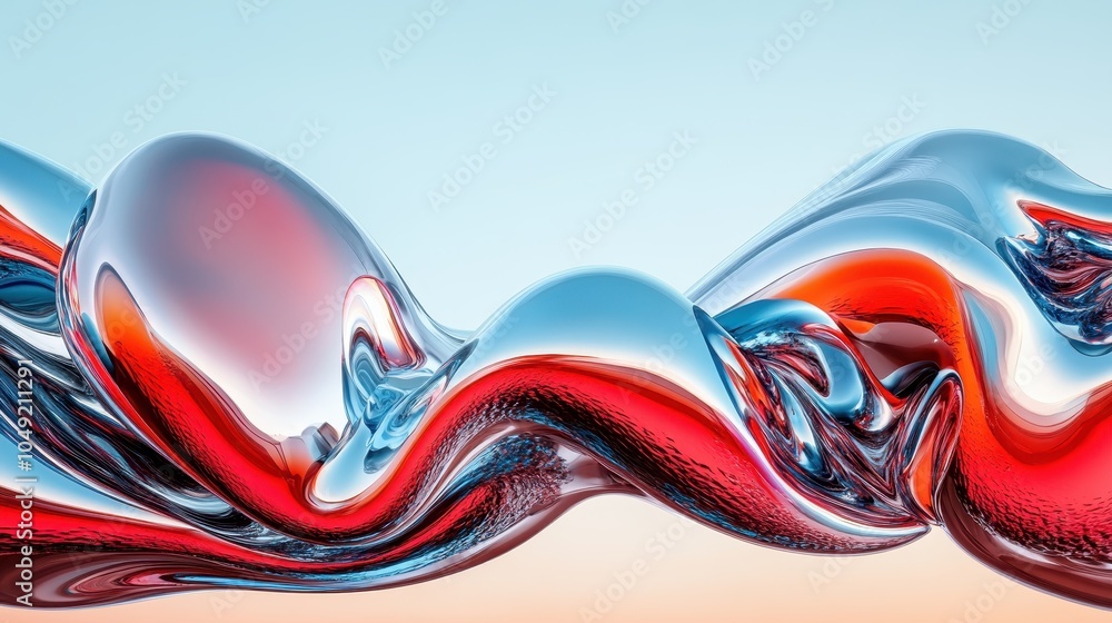 Poster an abstract landscape depicting fluid motion in metallic hues of red and blue, blending effortlessly