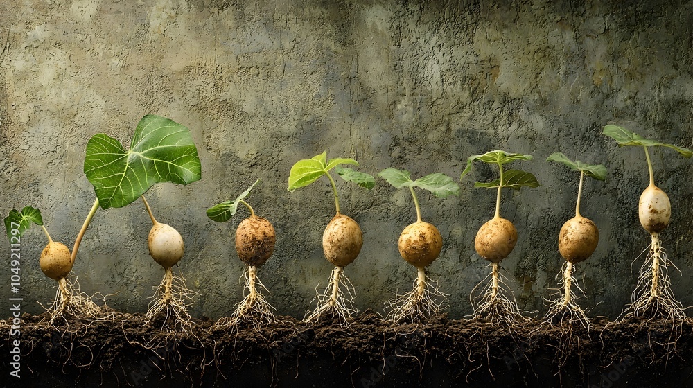 Poster detailed diagram showing the various stages of the cassava plant growth cycle from germination and s