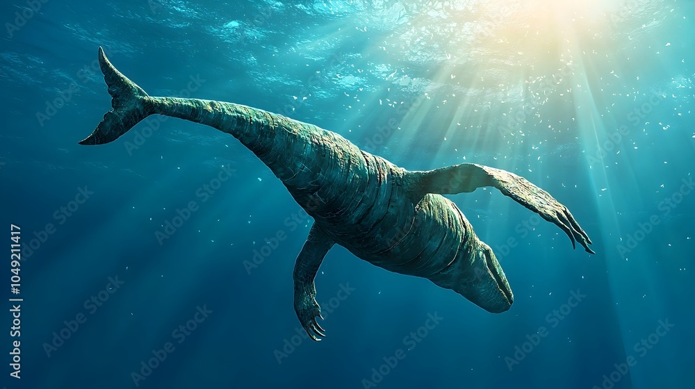 Poster detailed fossil of an ancient prehistoric marine reptile with elongated neck and flippers discovered