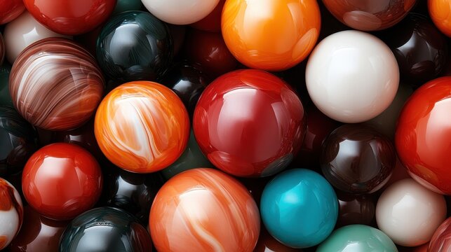 An artistic display of assorted colored spheres featuring intricate marble textures, bringing together design and texture in a harmonious collection of forms.