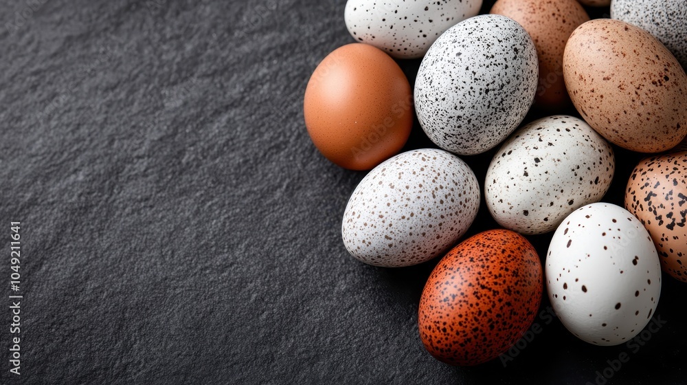 Poster a group of different colored and patterned eggs strategically placed on a dark surface, highlighting
