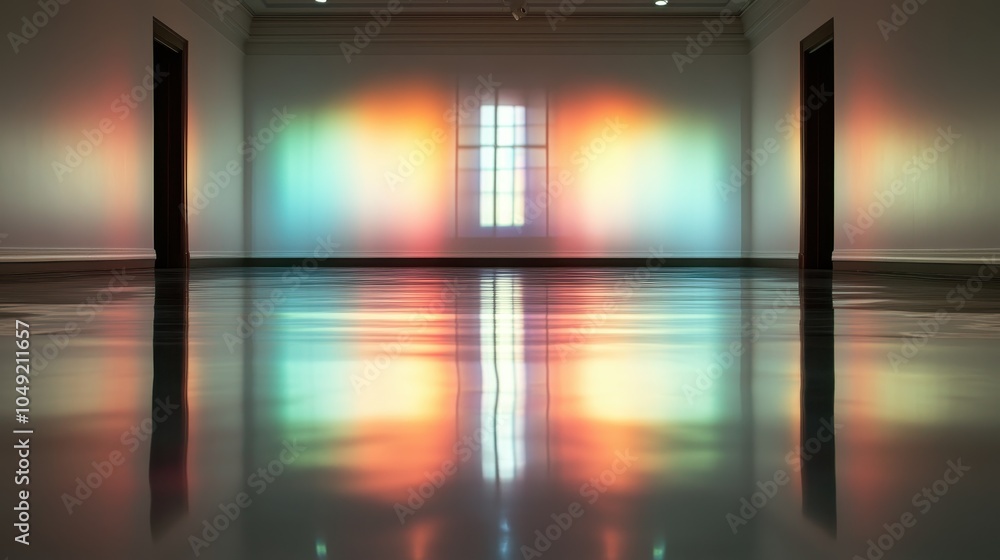 Aufkleber an empty room illuminated by soft rainbow light reflections on a polished floor, creating a serene a