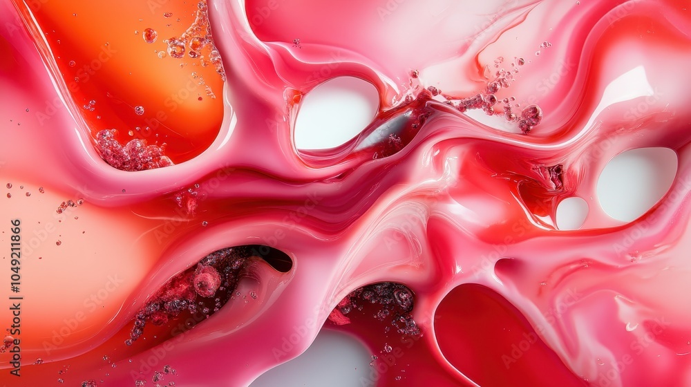Poster a visually striking abstract image featuring red and pink swirling liquid patterns, showcasing fluid