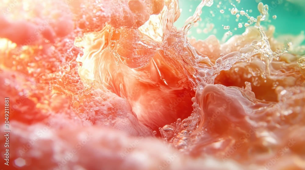 Poster a dynamic and colorful splash of vibrant orange and pink fluids captured in an abstract art piece, s