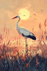 Fototapeta premium Stork Standing in Tall Grass at Sunset