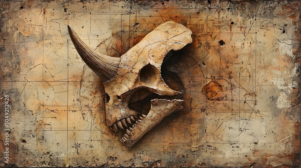 Poster Detailed profile view of a well preserved fossil specimen of the prehistoric Protoceratops dinosaur skull showcasing its intricate bone structure and textures