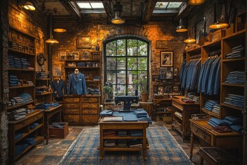 Interior of a Vintage Clothing Shop with Wooden Shelving and Suits - Powered by Adobe