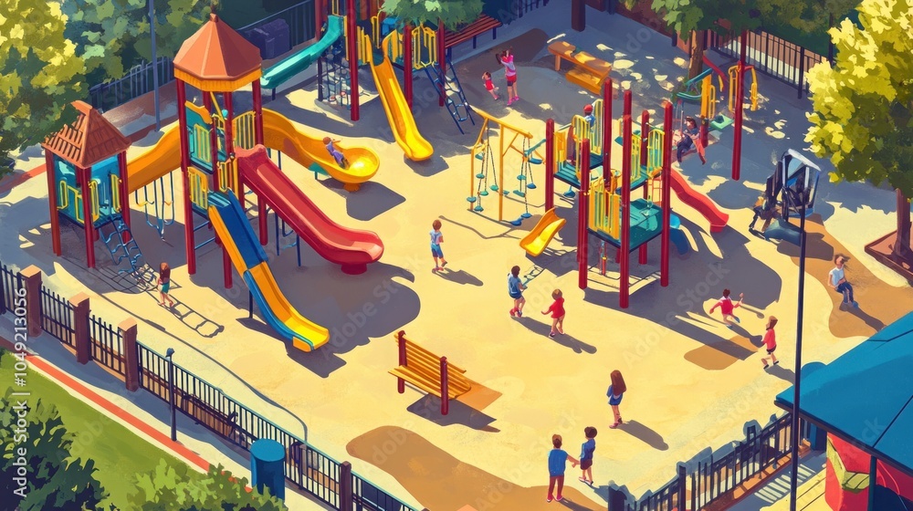 Poster a colorful playground with multiple slides, swings, and climbing structures. children are playing an