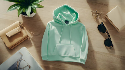 Hoodie Mockup - A mint green hoodie laid on a wooden surface, accompanied by accessories and sunglasses.