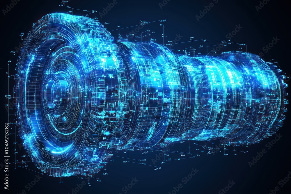 Poster Abstract 3D Wireframe Design of a Complex Machine with Glowing Blue Lines