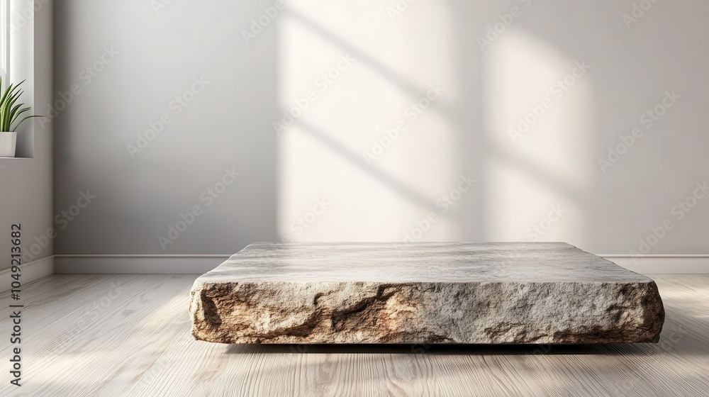 Poster a bright, minimalistic room with a square stone platform catching natural light through a window, cr
