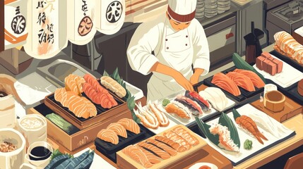 A sushi chef prepares fresh salmon nigiri sushi in a Japanese restaurant kitchen.