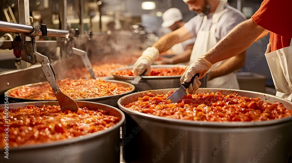 Poster efficient and organized food production process in a modern pizza factory workspace with workers add