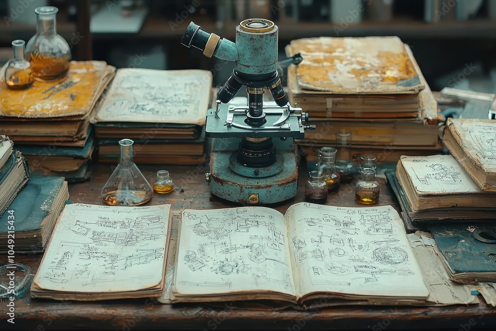 Poster vintage microscope and lab notebook on a wooden table