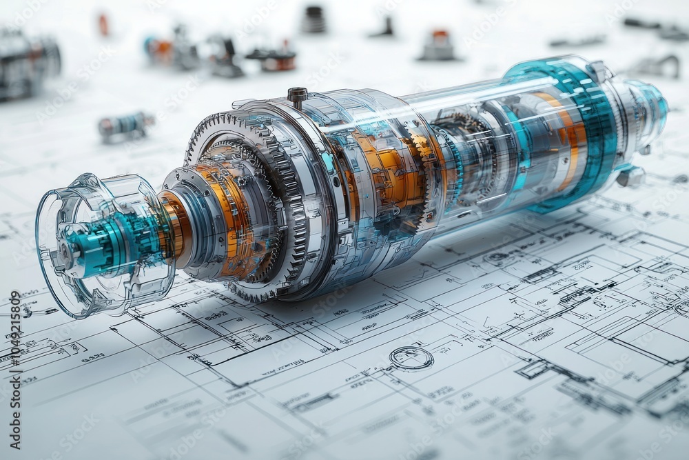 Poster transparent mechanical gear system with exposed internal components