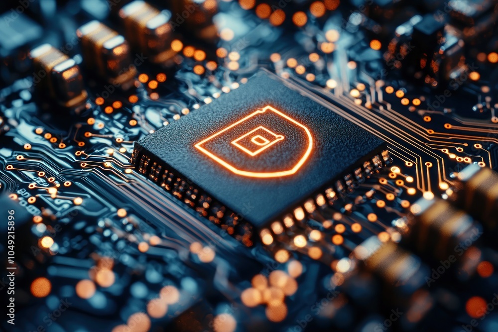 Poster Glowing Shield Icon on Circuit Board Representing Cybersecurity