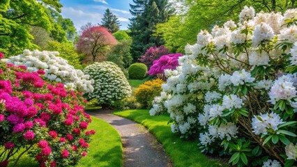 Lush garden scene with white deutzia gracili and colorful rhododendron in full spring bloom