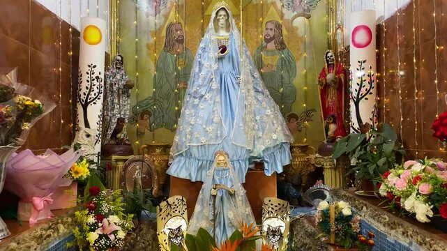 Images of Our Lady of the Holy Death or Santa Muerte is seen in the Holy Death Shrine located in Tepito neighborhood, downtown Mexico City, Mexico.