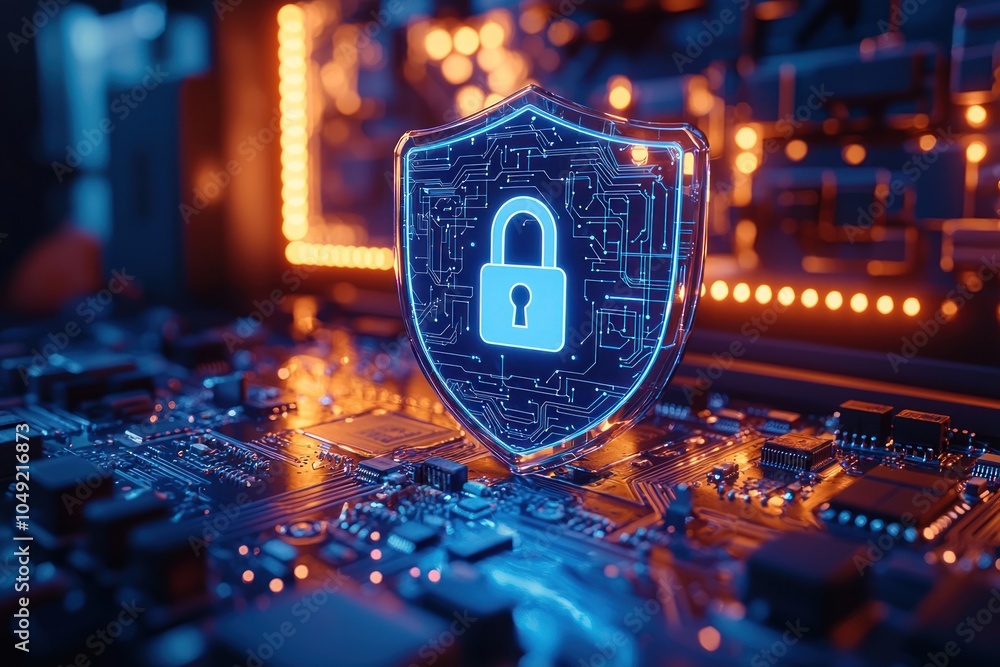 Poster Cybersecurity Shield with Circuit Board and Glowing Lock