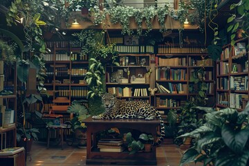 A library with a leopard statue on a table. Generative AI