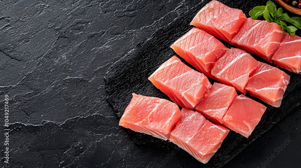 Poster Expertly Arranged Pieces of Succulent Kingfish Fillet Displayed in a Staggered Pattern on a Sleek Minimalist Plate for a Visually Appealing and Appetizing Culinary Presentation