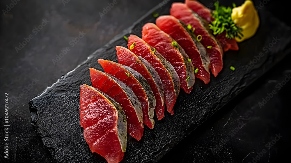 Poster Expertly Arranged Yellowfin Tuna Slices Displayed in a Geometric Pattern on a Sleek Minimalist Platter for a Culinary Experience
