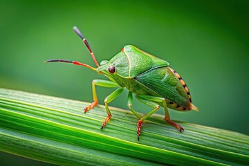 Fototapeta premium Green shield bug climbing a blade of grass, vertical photography aerial