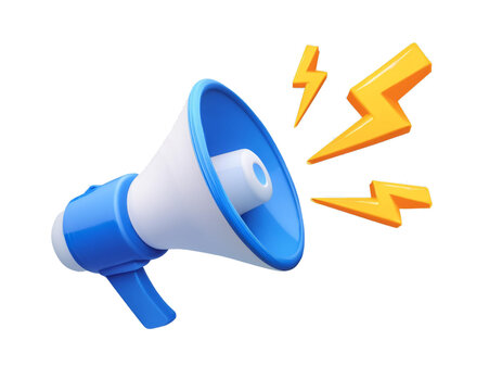 3D Blue megaphone and flash lightnings. Special offer. Social media promotion. Marketing time concept. Loudspeaker or speaker object. Realistic design emoji icon. 3D Vector illustration 