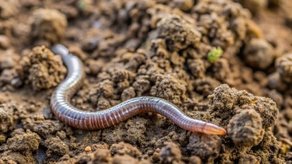 Obraz premium Grayish-brown slime trail left by a worm on a damp soil surface, soil, wildlife