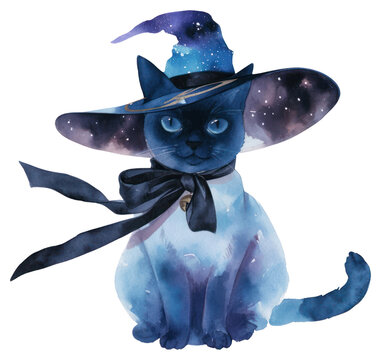 PNG Blue magic cat witch illustration watercolor galaxy.