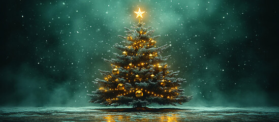 A festive Christmas tree adorned with warm lights and golden ornaments, creating a cozy atmosphere perfect for holiday cards, seasonal marketing and winter celebrations.