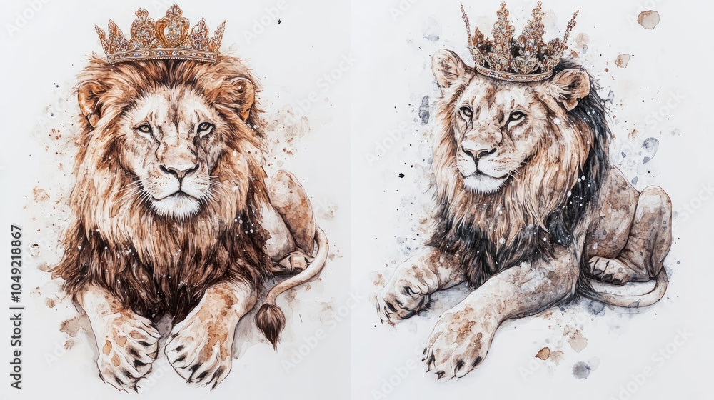 Poster abstract lion paintings adorned with crowns in a regal display generative ai