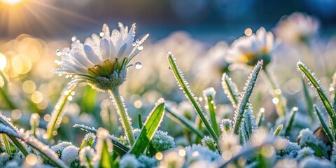 Fototapeta premium Frosty morning dew glistens on grass and flowers in a beautiful white droplet formation, nature, scenery