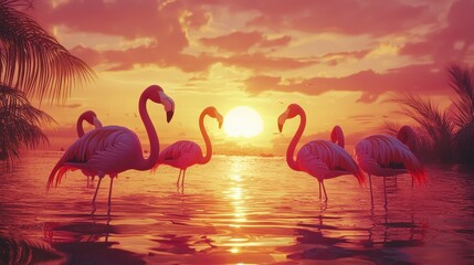 Naklejka premium Flamingos Wading in Shallow Water at Sunset