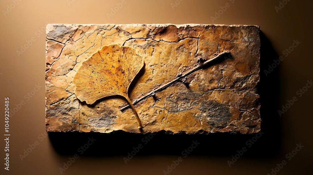 Poster Fossilized Ginkgo Tree Leaf Preserved Flat on Clean Neutral Background Showcasing the Intricate Organic Pattern and Texture of This Ancient Botanical Specimen
