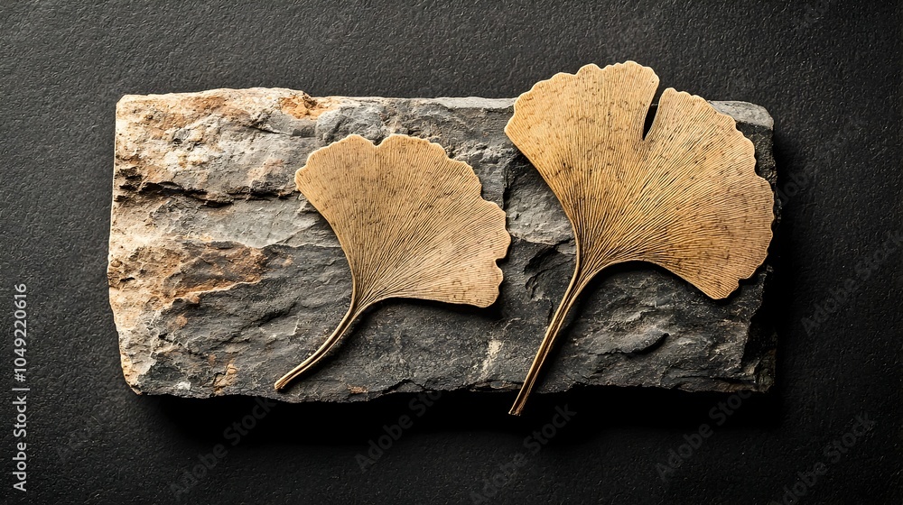 Poster Fossilized Ginkgo leaf specimen placed flat on a clean uncluttered background showcasing the intricate natural patterns textures and details preserved from millions of years ago