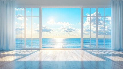 Fototapeta premium Bright Ocean View Through Large Windows