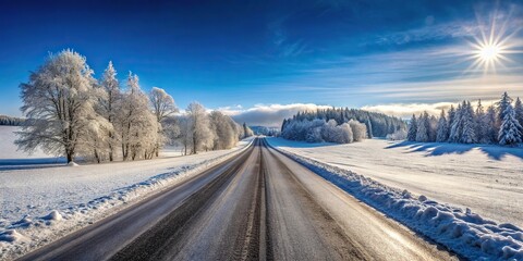Fototapeta premium empty snow covered road in winter landscape Panoramic