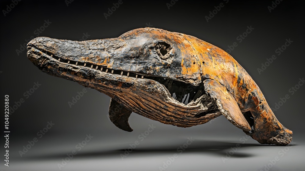 Poster fossilized skull of an extinct prehistoric whale on display at a natural history museum showcasing t