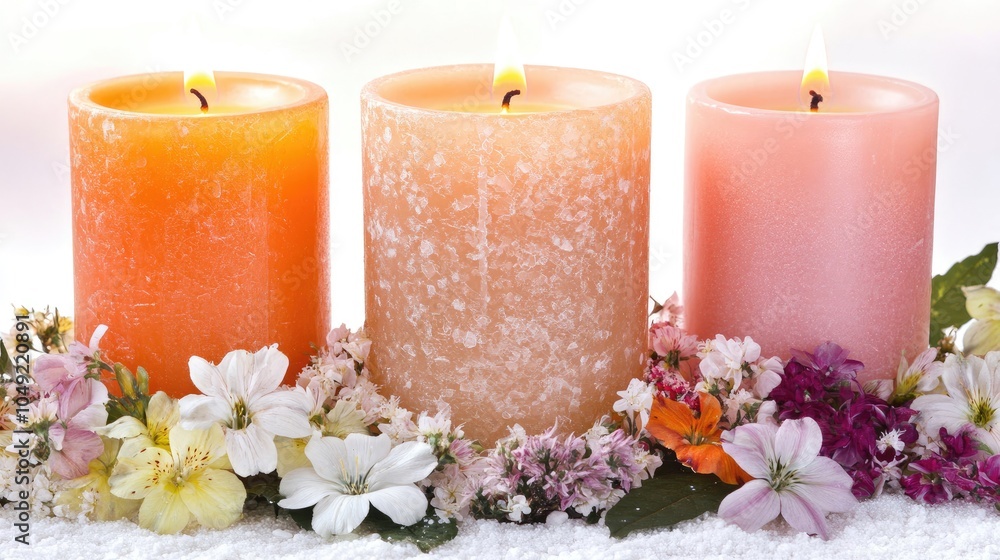 Poster Tranquil Setting With Three Scented Candles Surrounded by Flowers Generative AI