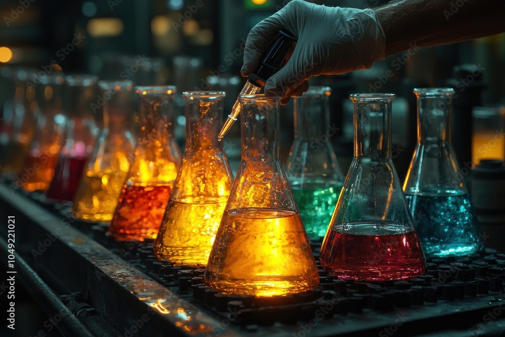 Aufkleber Gloved Hand Dropping Liquid Into A Row of Flasks Filled with Colorful Liquids