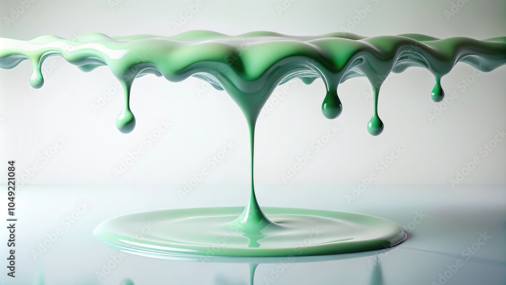 Poster dripping slime flows across a white surface, forming a small puddle and creating a sense of movement